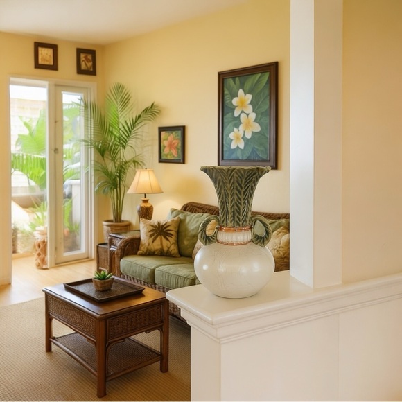 VTG Turnip Shape Ceramic Vases Raku Majolica Leaf Handles - Picture 4 of 12